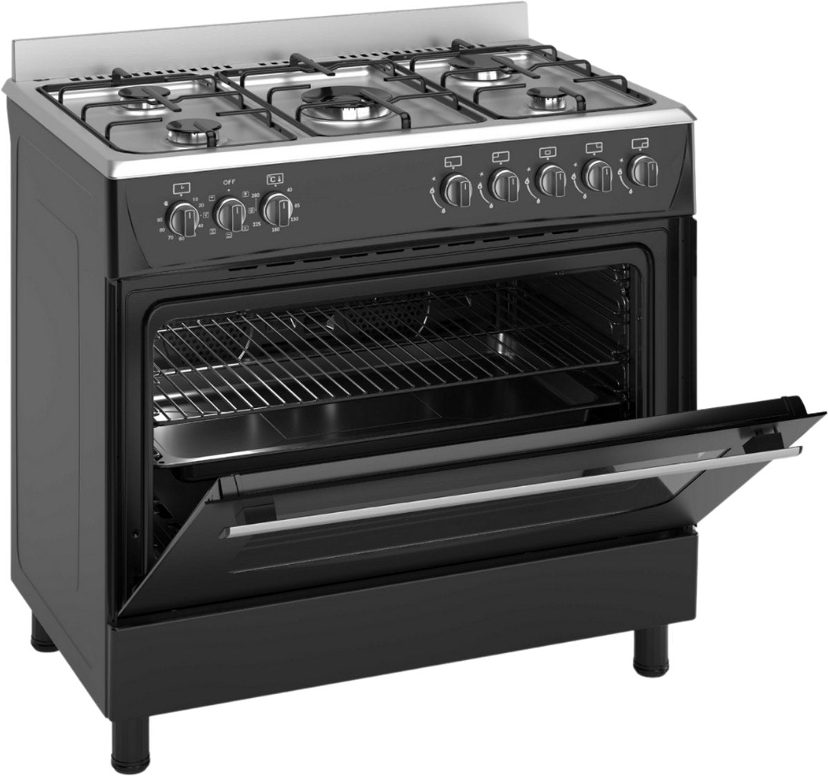 Wiggo WO-E905R(BX) - Gasfornuis - 5 Kookzones - 7 Ovenstanden - Wokbrander - Timer - 5 Jaar Garantie - Zwart Rvs