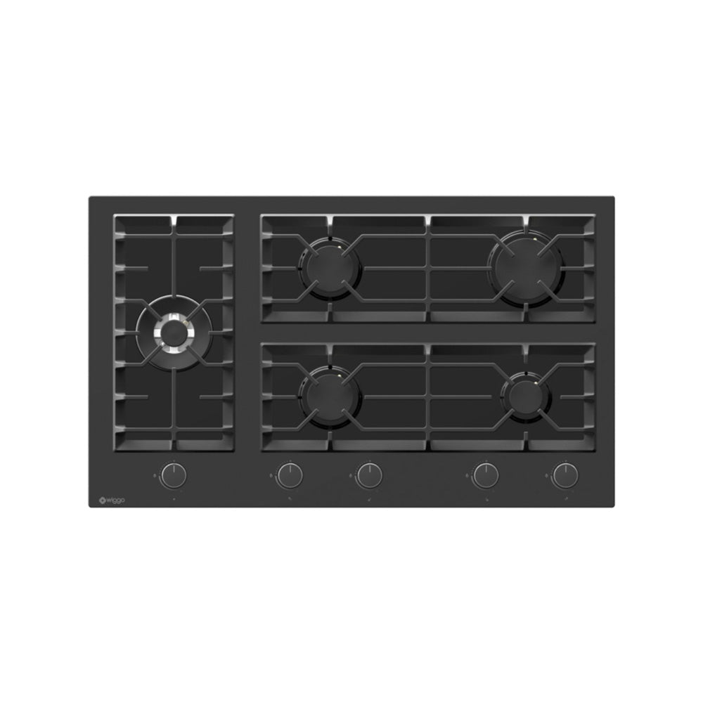 Wiggo WH-G935GR(B) - Inbouw Gaskookplaat - Glas op gas - Wok brander - 90cm - 5 Kookzones - Gietijzeren pannendragers - 5 jaar garantie - Zwart Glas