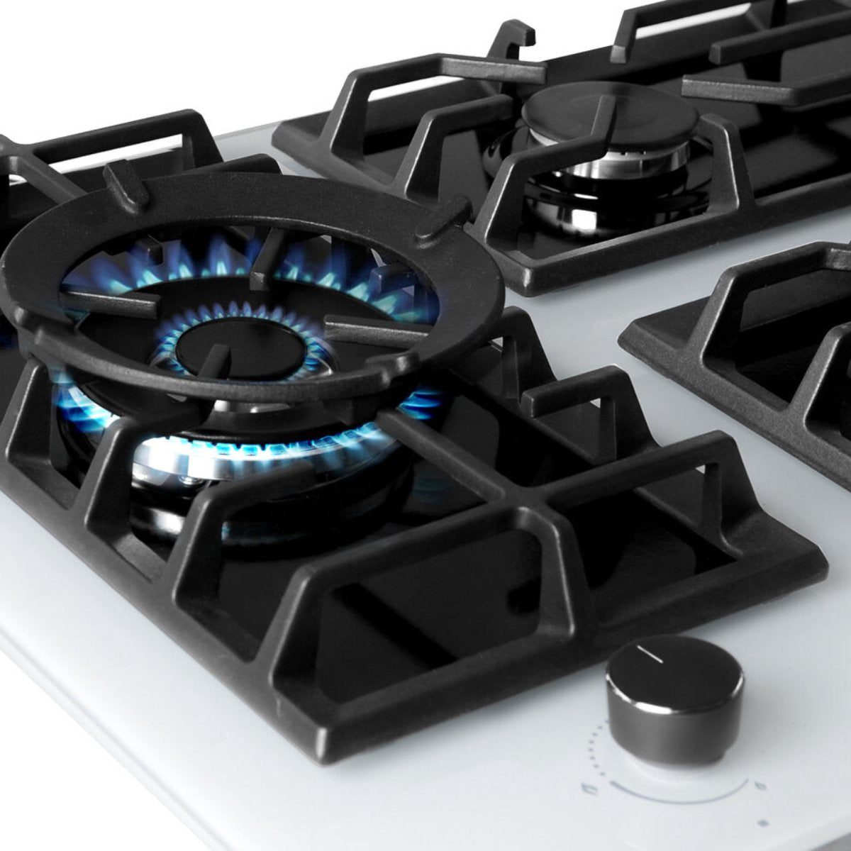 Wiggo WH-G935GR(W) - Inbouw Gaskookplaat - Glas op gas - Wok brander - 90cm - 5 Kookzones - Gietijzeren pannendragers - 5 jaar garantie - Wit Glas