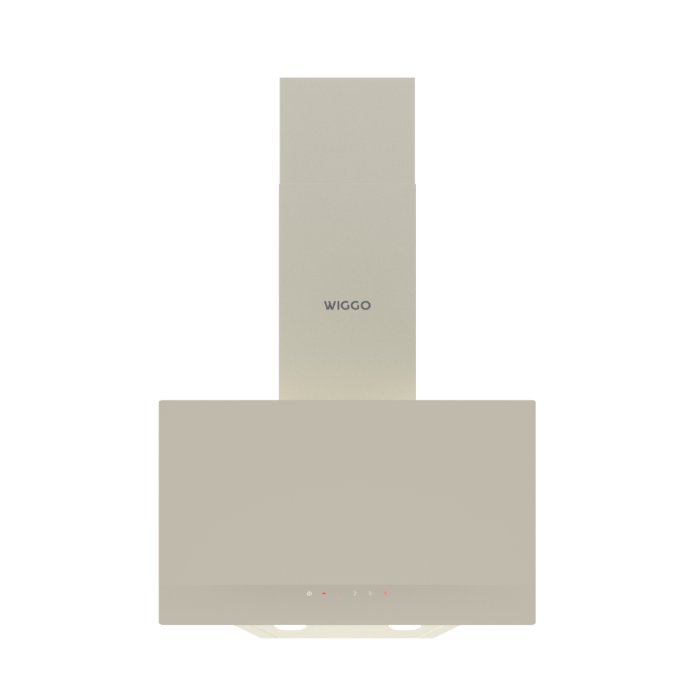 Wiggo WE-A532G(C) Schuine Afzuigkap - 50 cm - Creme, moderne wandafzuigkap met slanke schouw en zwart glazen front.