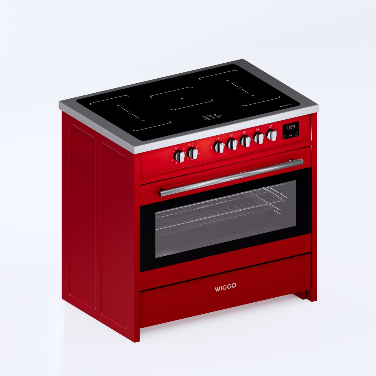 Wiggo WIO-E921A(RX) – Inductie Fornuis – 90 cm – 2 fasen (7.6 kW) – Oven 121L – 50-250°C – Metaal – Rood