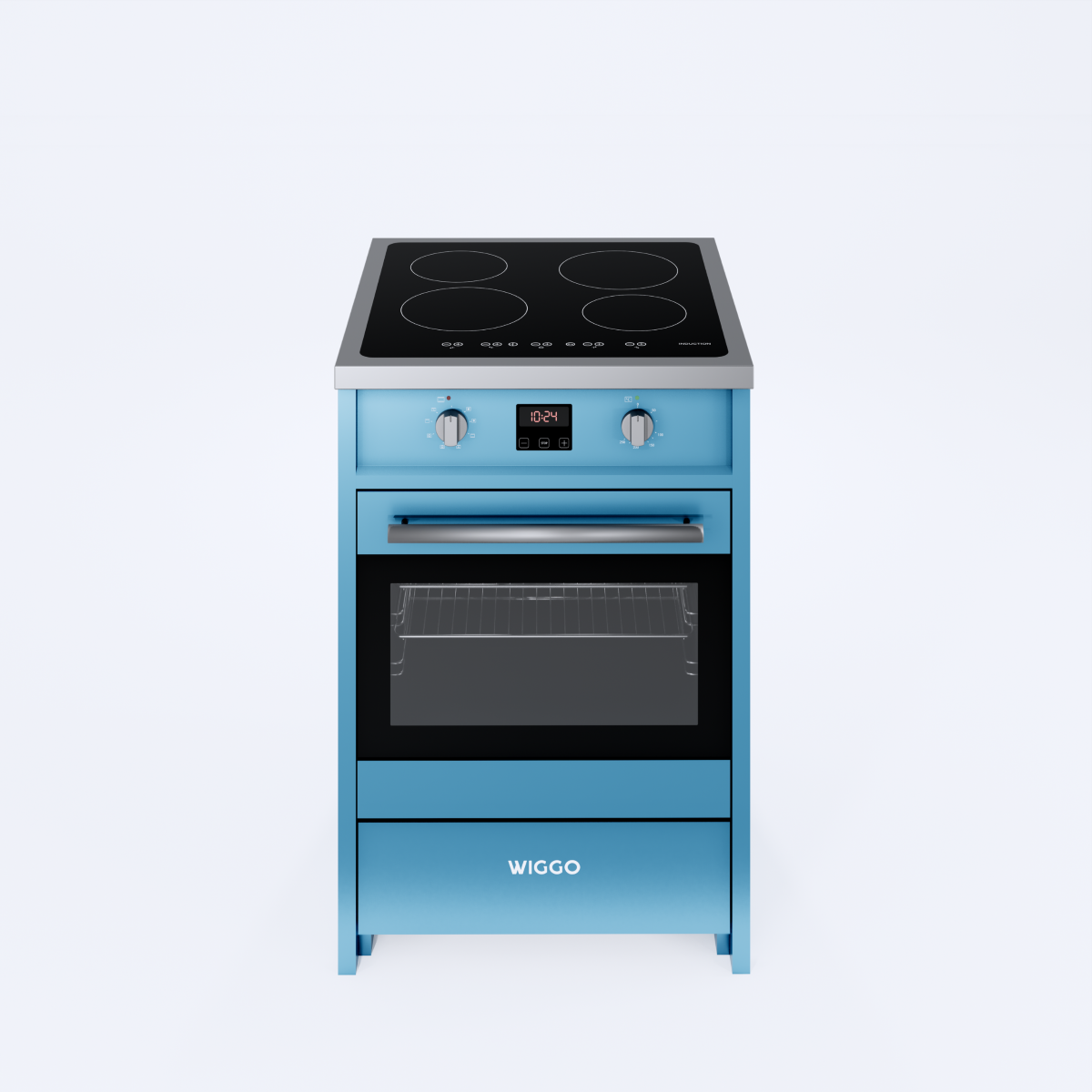 Wiggo WIO-E621A(AX) – Inductie Fornuis – 60 cm – 2 fasen (7.6 kW) – Oven 55L – 50-250°C – Metaal – Aqua Blue Inox