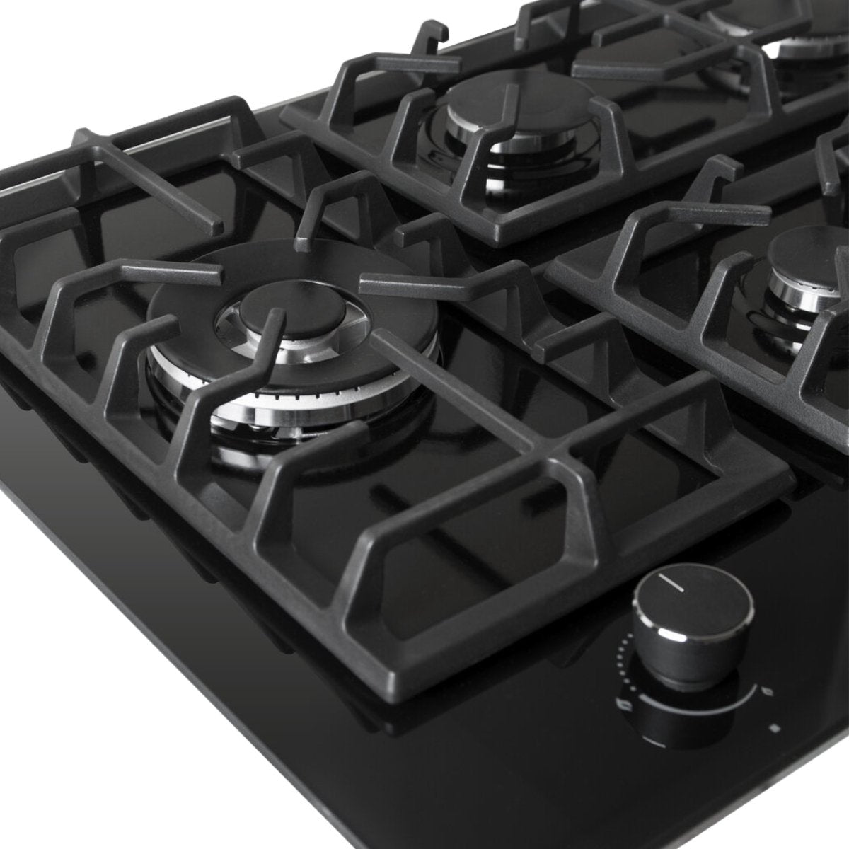 Wiggo WH-G735GR(B) - Inbouw Gaskookplaat - Glas op gas - Wok brander - 70cm - 5 Kookzones - Gietijzeren pannendragers - 5 jaar garantie - Zwart Glas