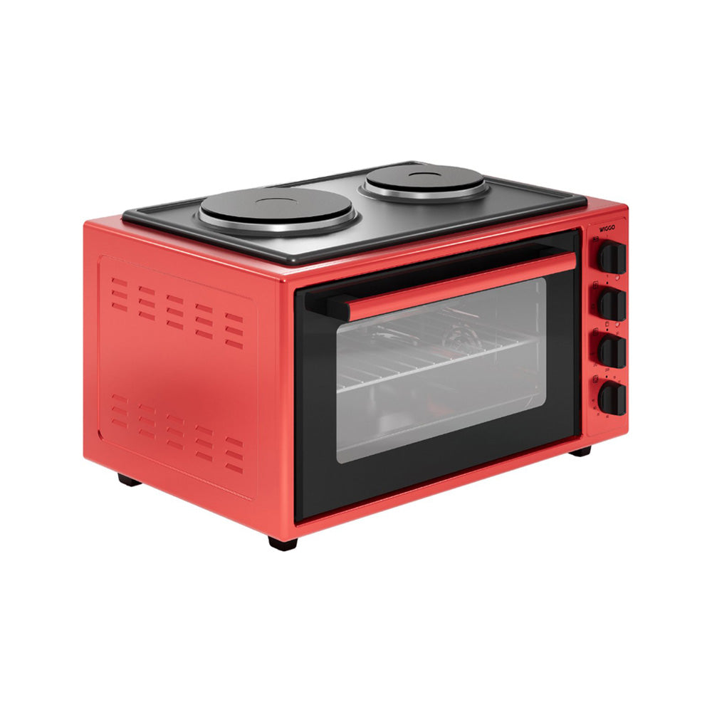 Wiggo WMO-E4562H(R) - Vrijstaande Mini Oven met kookplaat - Electrisch - 60 CM - 45 liter - 3534 W - 5 Jaar Garantie - Rood