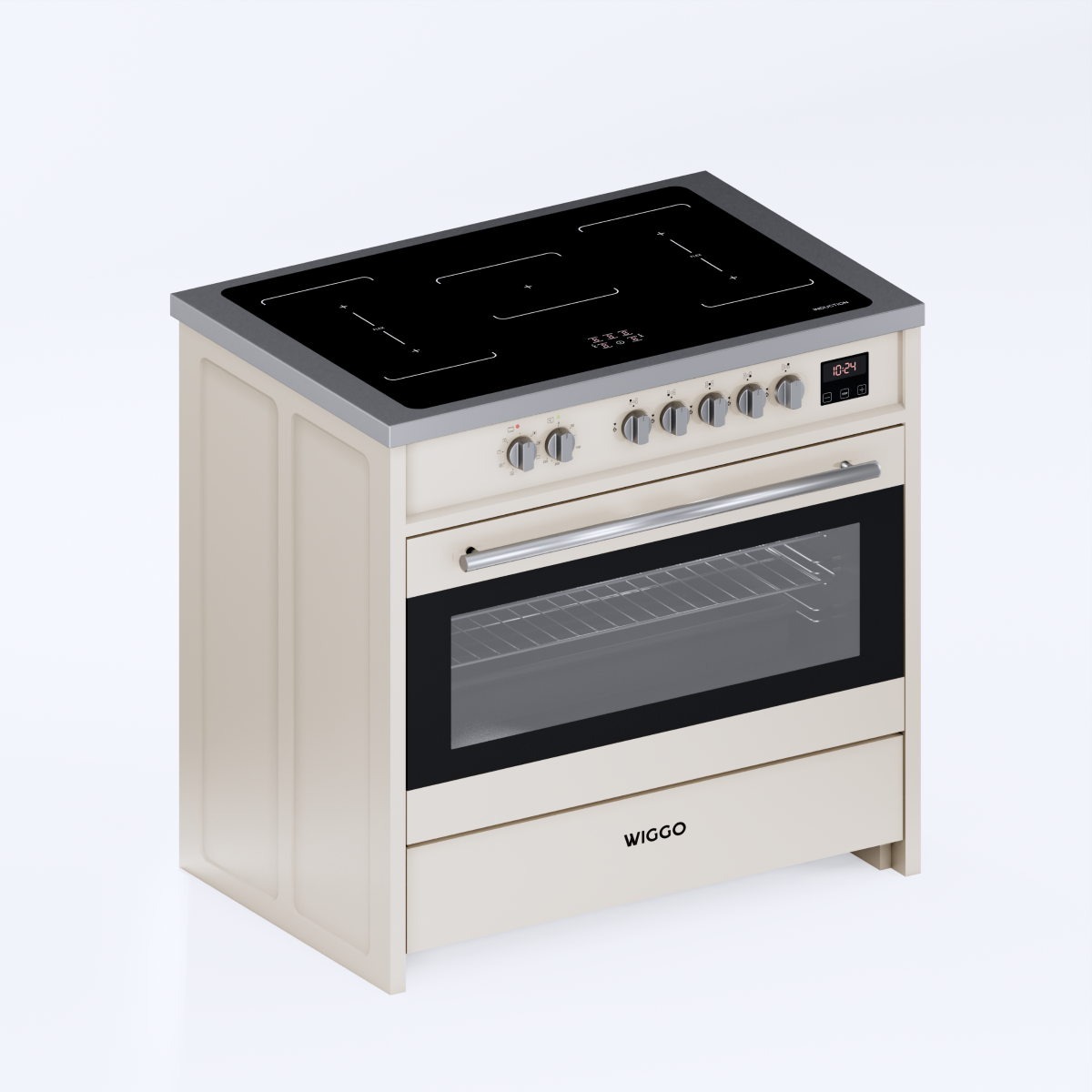 Wiggo WIO-E921A(CX) – Inductie Fornuis – 90 cm – 2 fasen (7.6 kW) – Oven 121L – 50-250°C – Metaal – Crème