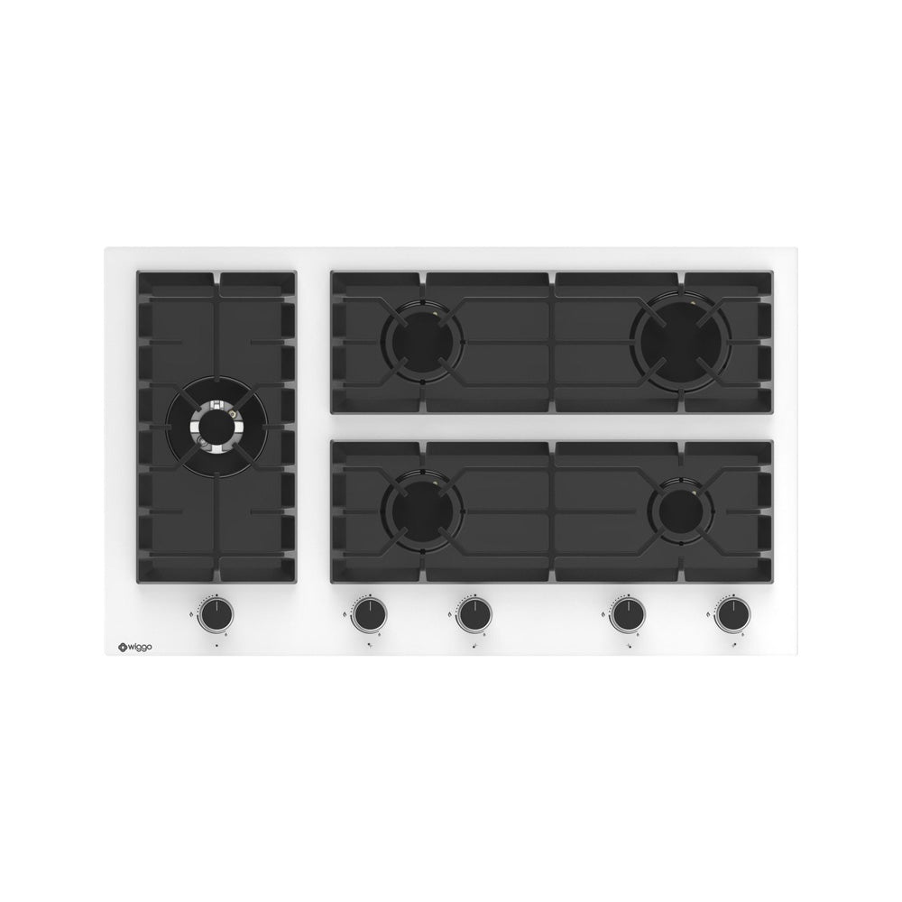 Wiggo WH-G935GR(W) - Inbouw Gaskookplaat - Glas op gas - Wok brander - 90cm - 5 Kookzones - Gietijzeren pannendragers - 5 jaar garantie - Wit Glas