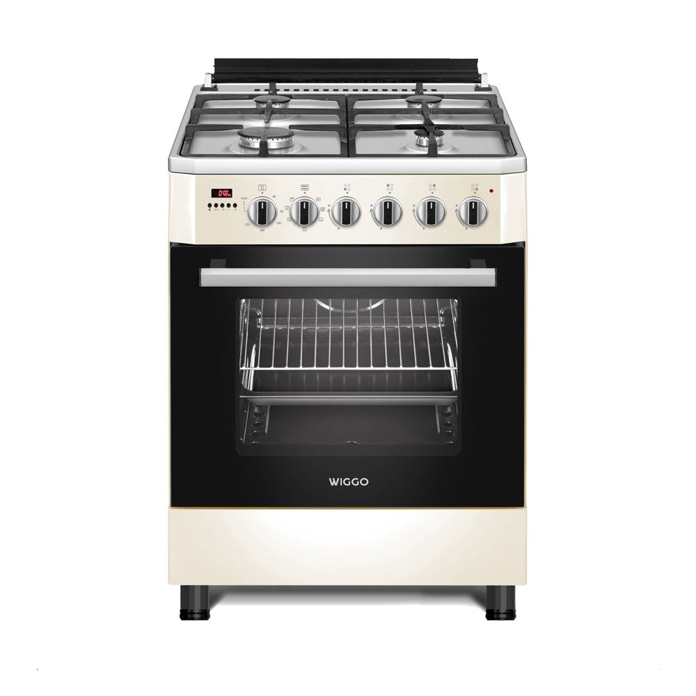 Wiggo WO-E609R(CX) – Vrijstaand gasfornuis – 60 cm – 4 kookzones – 56L elektrische oven – Crème Roestvrijstaal – Elektrische vonkontsteking & vlambeveiliging – Energieklasse A
