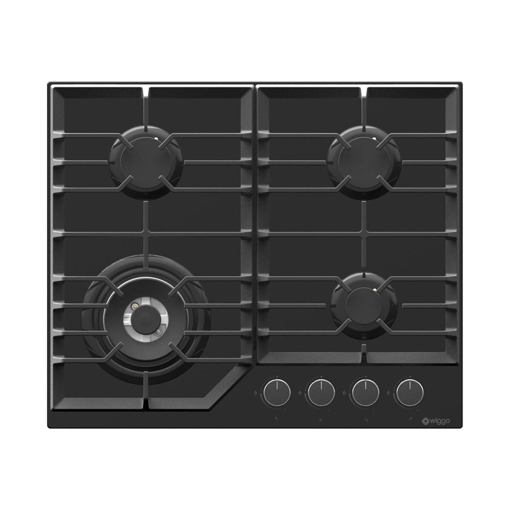 Wiggo WH-G634GL(B) - Inbouw Gaskookplaat - Glas op gas - Wok brander - 60cm - 4 Kookzones - Gietijzeren pannendragers - 5 jaar garantie - Zwart Glas