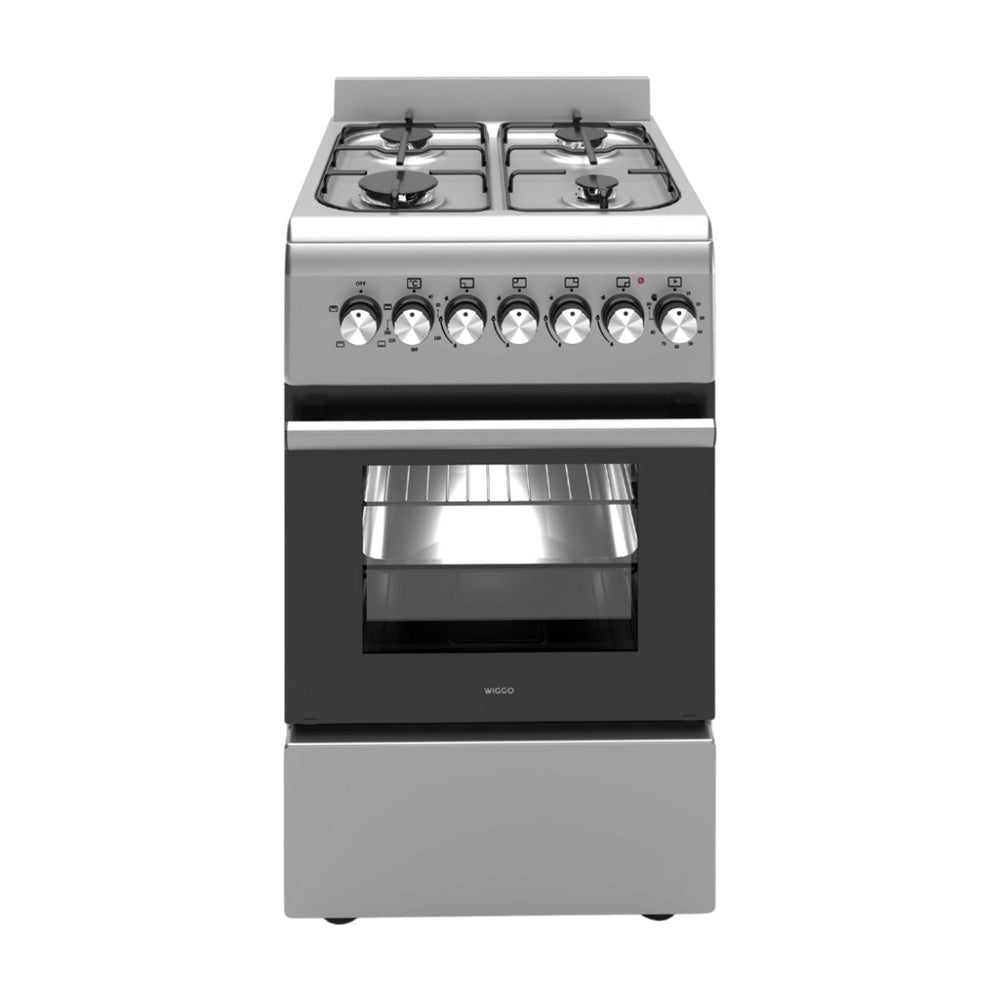 Wiggo WO‑E505R(XX) – Vrijstaand gasfornuis – 50 cm – 4 kookzones – 52L elektrische oven – Roestvrijstaal – Timerfunctie – Energieklasse A – 5 jaar garantie