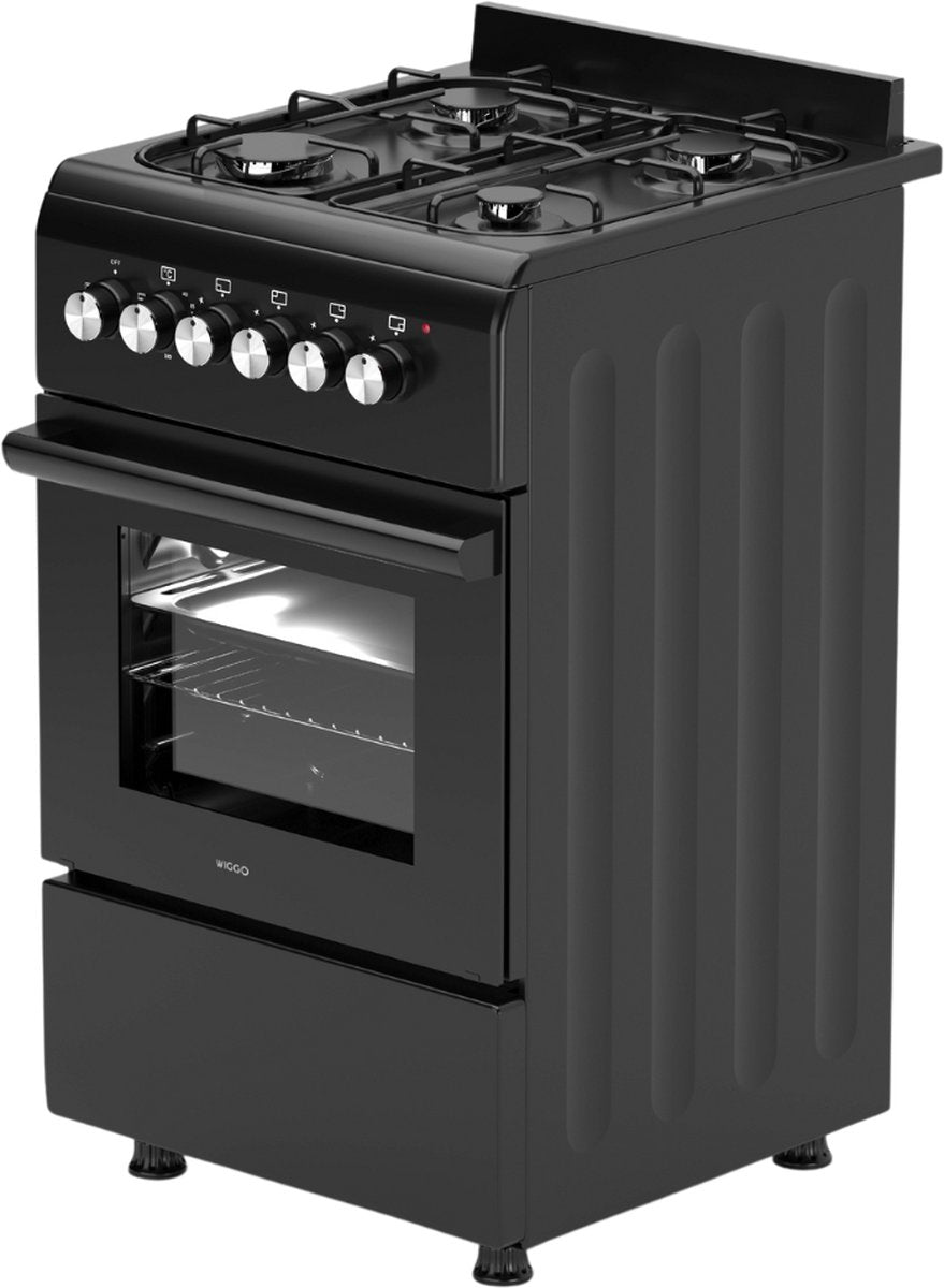 Wiggo WO-E503A(BB) - Vrijstaand - Gasfornuis met oven - 50cm breed - 52 Liter - 4 pitten - Energieklasse A - 5 jaar garantie - Zwart