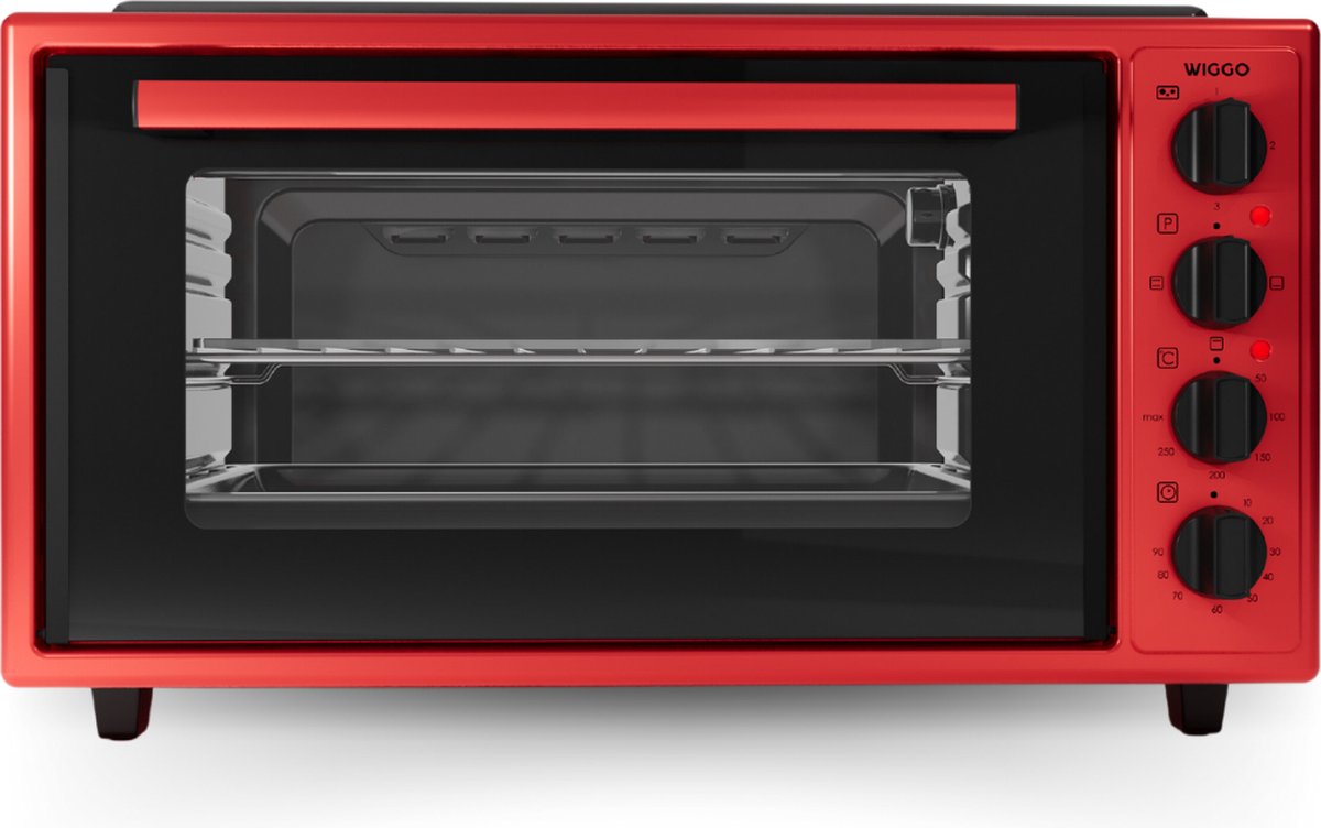 Wiggo WMO-E4562H(R) - Vrijstaande Mini Oven met kookplaat - Electrisch - 60 CM - 45 liter - 3534 W - 5 Jaar Garantie - Rood