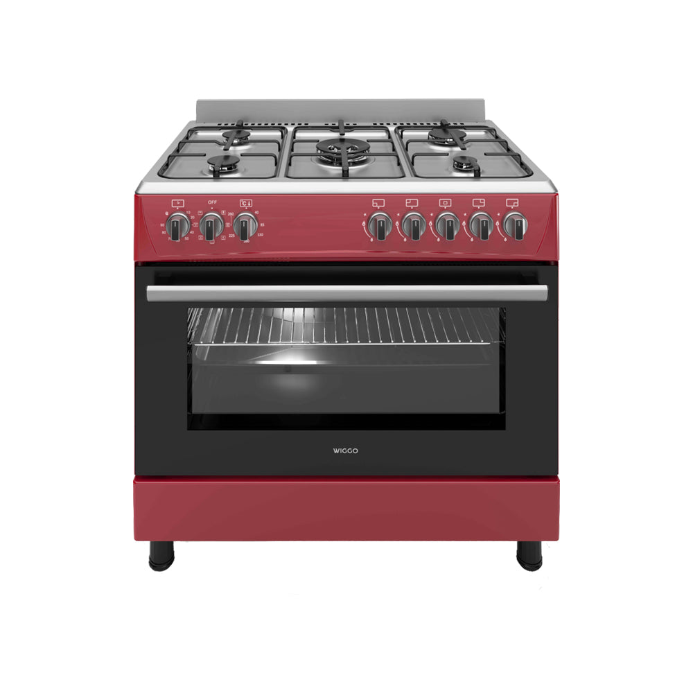 Wiggo WO‑E905R(RX) – Vrijstaand gasfornuis – 90 cm – 5 kookzones met wokbrander – 110L elektrische oven – Rood Roestvrijstaal – Elektrische vonkontsteking & vlambeveiliging