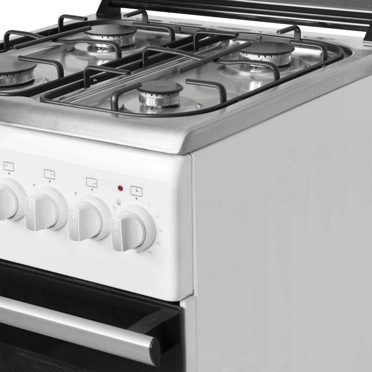 Wiggo WO‑E505R(WX) – Vrijstaand gasfornuis – 50 cm – 4 kookzones – 52L elektrische oven – Wit Roestvrijstaal – Timer & elektrische vonkontsteking – 5 jaar garantie