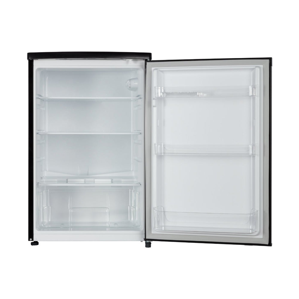 Wiggo WL-TT8D(B) Vrijstaande Tafelmodel Koelkast Zwart - open deur met planken en lege groentelade.