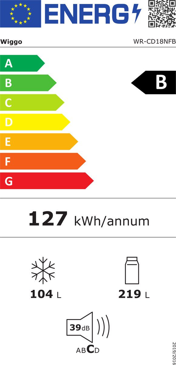 Wiggo WR‑CD18NFB(W) – Koel‑Vriescombinatie – 323 L – Nee Frost – 2 Deuren – 39 dB – Energieklasse B – 5 Jaar Garantie – Wit
