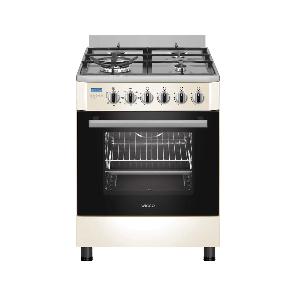 Wiggo WO-E639R(CX) – Vrijstaand gasfornuis – 60 cm – 5 kookzones – met wokbrander – 56L elektrische oven – Crème Roestvrijstaal – Elektrische vonkontsteking & vlambeveiliging