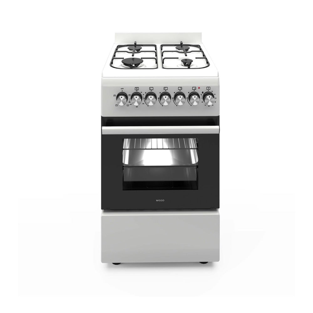 Wiggo WO‑E505R(WW) – Vrijstaand gasfornuis – 50 cm – 4 kookzones – 52L elektrische oven – Wit – Energieklasse A – Elektrische vonkontsteking – 5 jaar garantie
