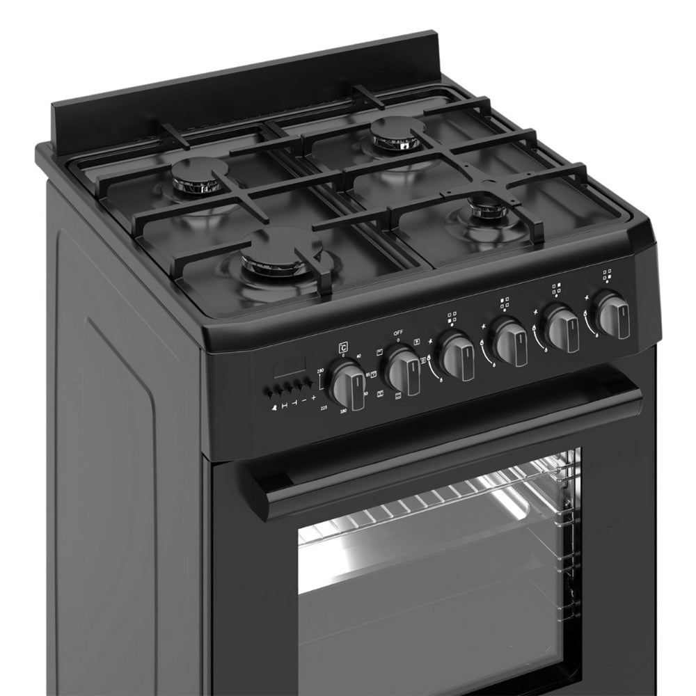 Wiggo WO-E609R(BB)-2 Vrijstaande Gasfornuis - 60 cm - Zwart met 4 gaskookplaten en oven door.