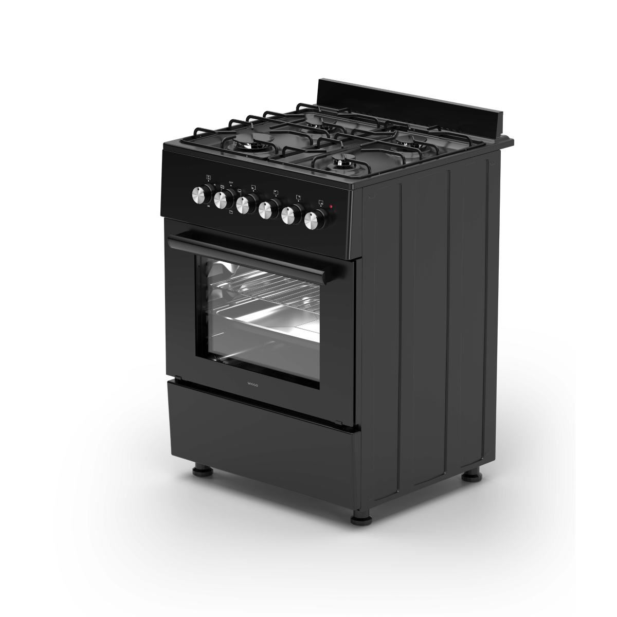 Wiggo WO‑E603A(BB) Vrijstaande Gasfornuis - 60 cm - Zwart met onderhoudsvrij mat zwart design.
