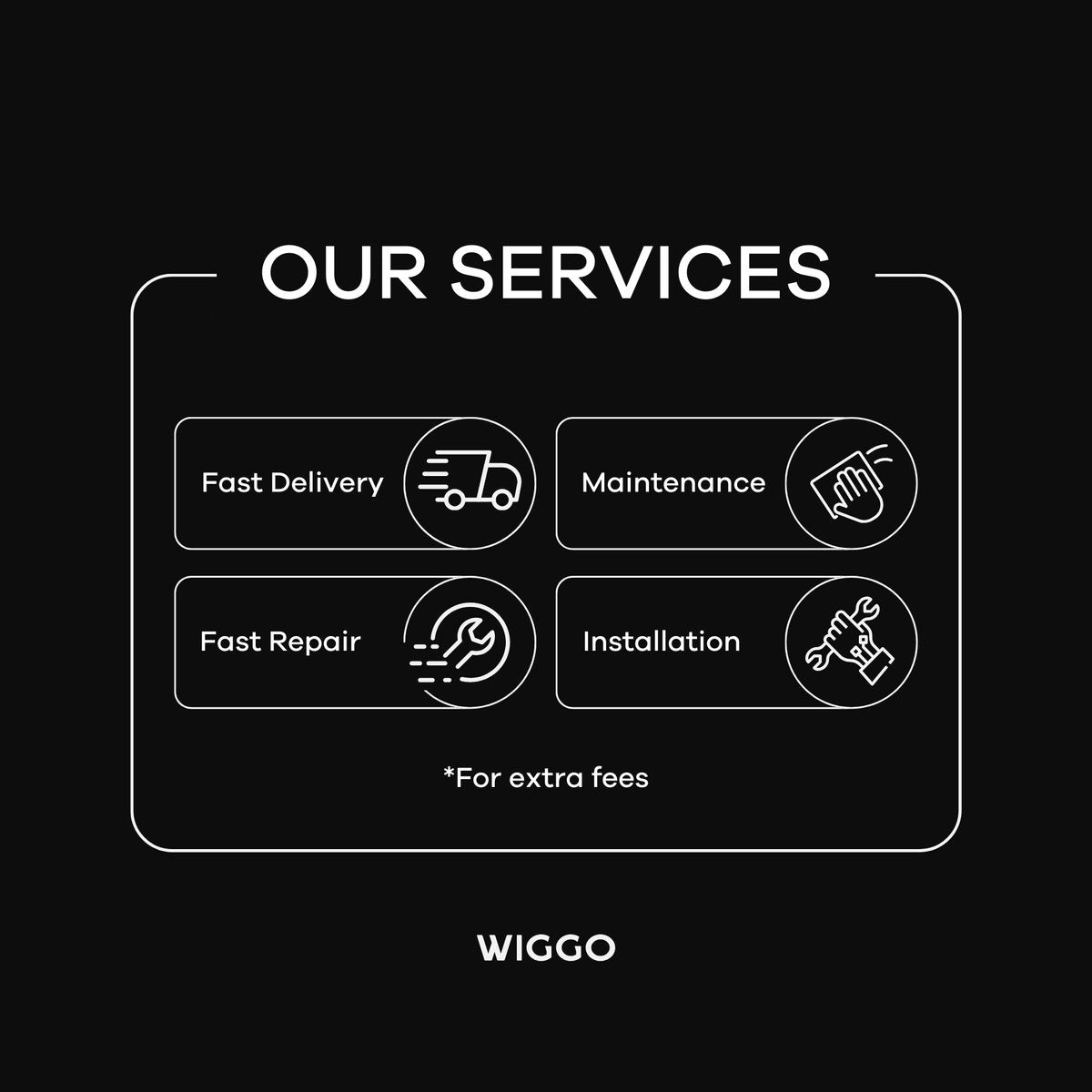 Wiggo services: Fast Delivery, Maintenance, Fast Repair, Installation - Iconic representations of each service.