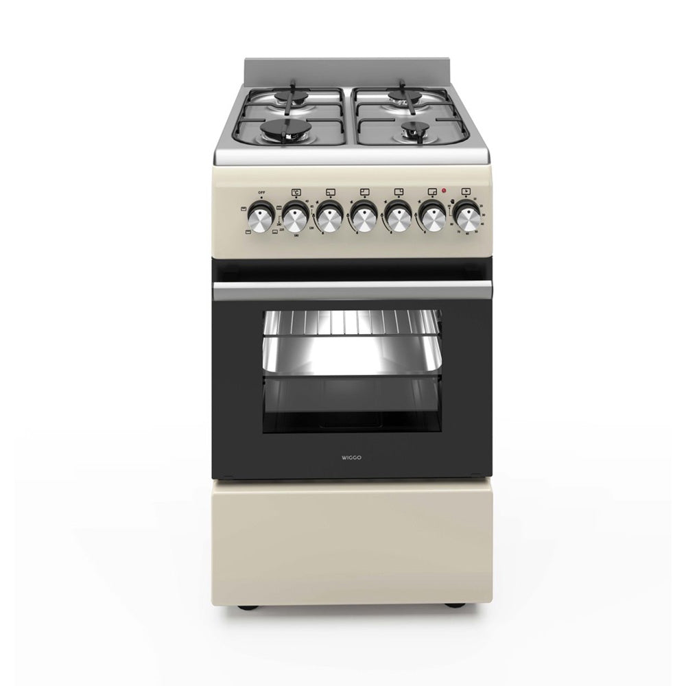 Wiggo WO‑E505R(CX) – Vrijstaand gasfornuis – 50 cm – 4 kookzones – 52L elektrische oven – Crème Roestvrijstaal – Energieklasse A – Timer & elektrische vonkontsteking – 5 ja