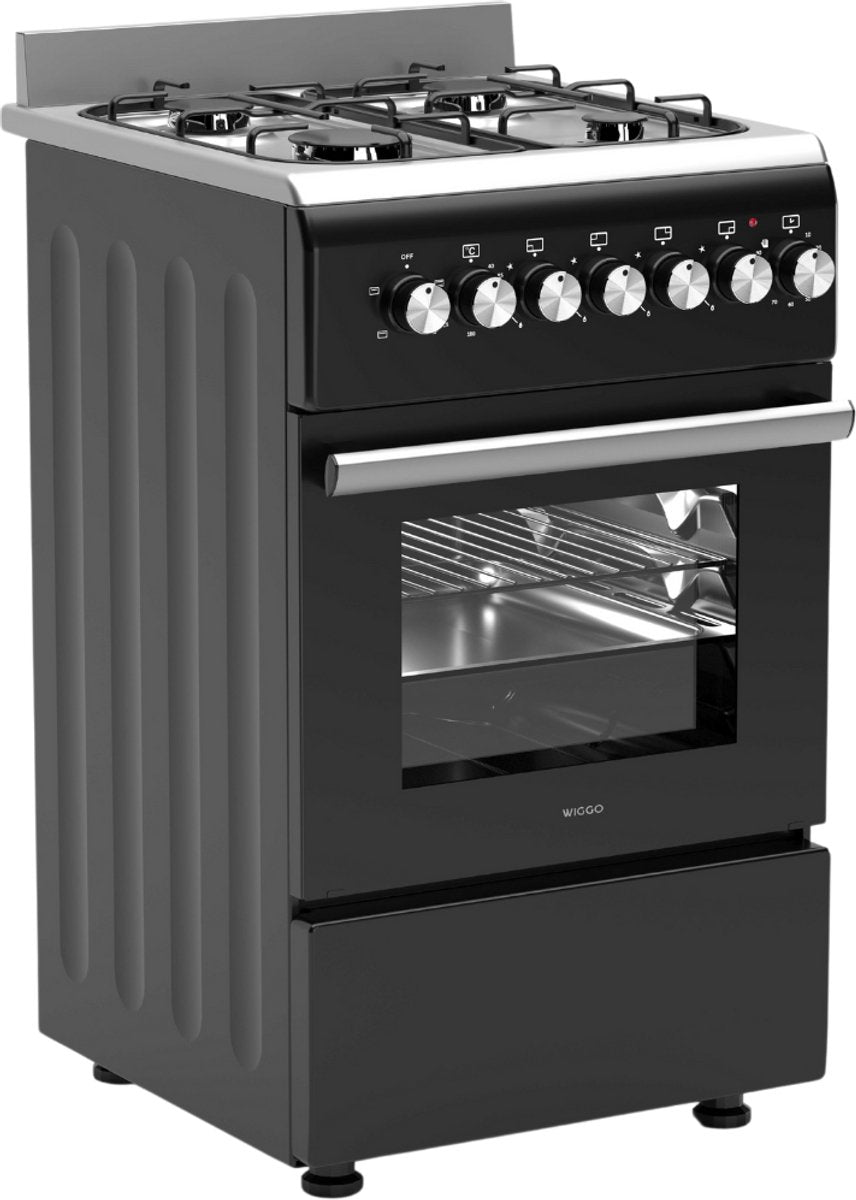 Wiggo WO‑E505R(BX)-2 Vrijstaande Gasfornuis - 50 cm - Zwart met 4 kookzones en elektrische oven