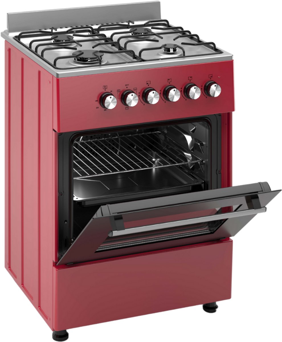 Wiggo WO‑E603R(RX) – Vrijstaand gasfornuis – 60 cm – 4 kookzones – 56L elektrische oven – Rood Roestvrijstaal – Elektrische vonkontsteking & vlambeveiliging – Energieklasse A