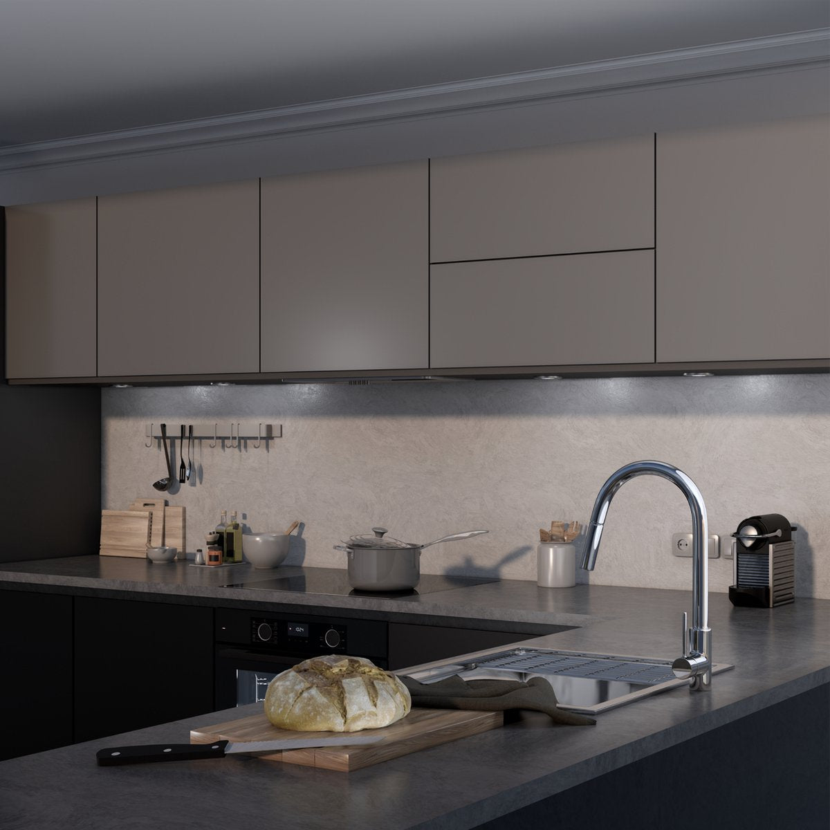 Wiggo WE-E631B(G) Inbouw Afzuigkap - 60 cm - Grijs met moderne keukeninrichting en kookgerei.