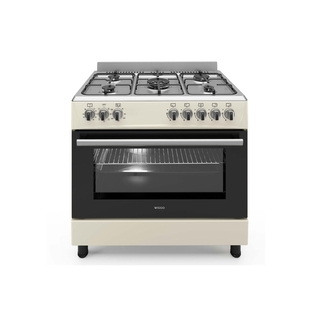 Wiggo WO‑E905R(CX) – Vrijstaand gasfornuis – 90 cm – 5 kookzones met wokbrander – 110L elektrische oven – Crème Roestvrijstaal – Elektrische vonkontsteking & vlambeveiliging
