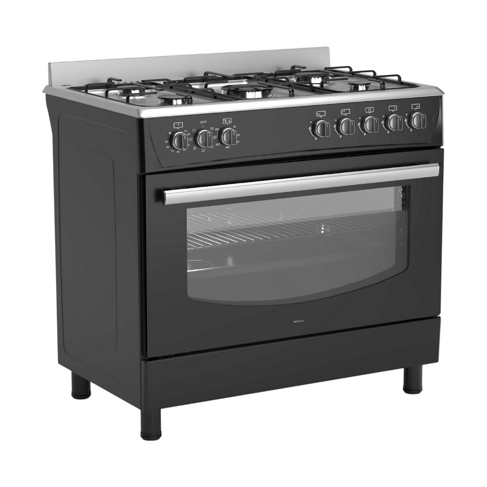 Wiggo WO-E906B(BX) Vrijstaande Gasfornuis - 90 cm - Zwart met 5 gasbranders en ruime oven.