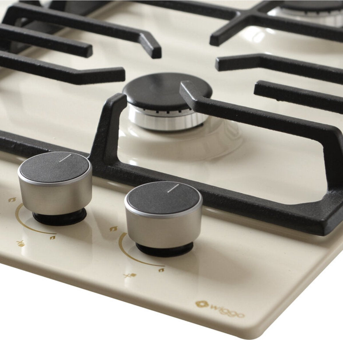 Wiggo WH-G634GL(C)-2 Inbouw Gaskookplaat - 60 cm - Creme met bedieningsknoppen en wokbrander.