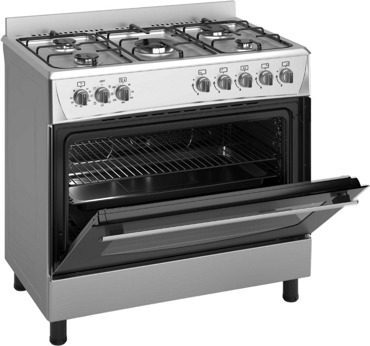Wiggo WO‑E905R(XX) – Vrijstaand gasfornuis – 90 cm – 5 kookzones met wokbrander – 110L elektrische oven – Roestvrijstaal – Elektrische vonkontsteking & vlambeveiliging – Ene