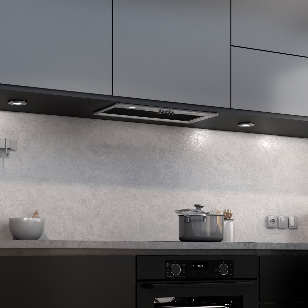 Wiggo WE-E631B(G) Inbouw Afzuigkap - 60 cm - Grijs in moderne keukenomgeving met kookplaat en pot.