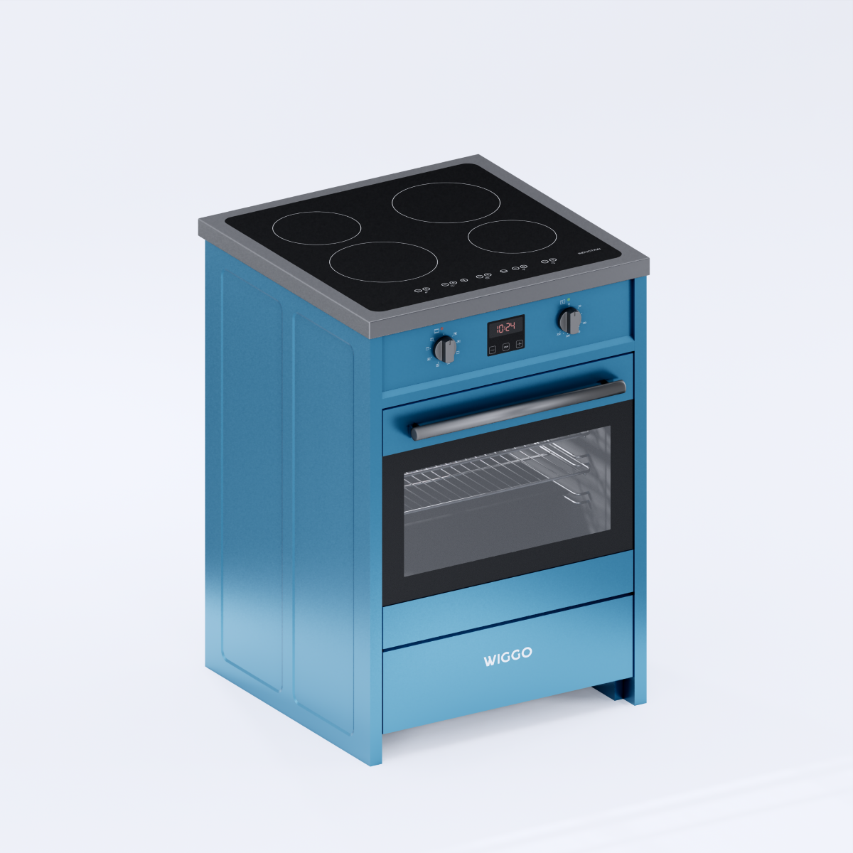 Wiggo WIO-E621A(AX) – Inductie Fornuis – 60 cm – 2 fasen (7.6 kW) – Oven 55L – 50-250°C – Metaal – Aqua Blue Inox