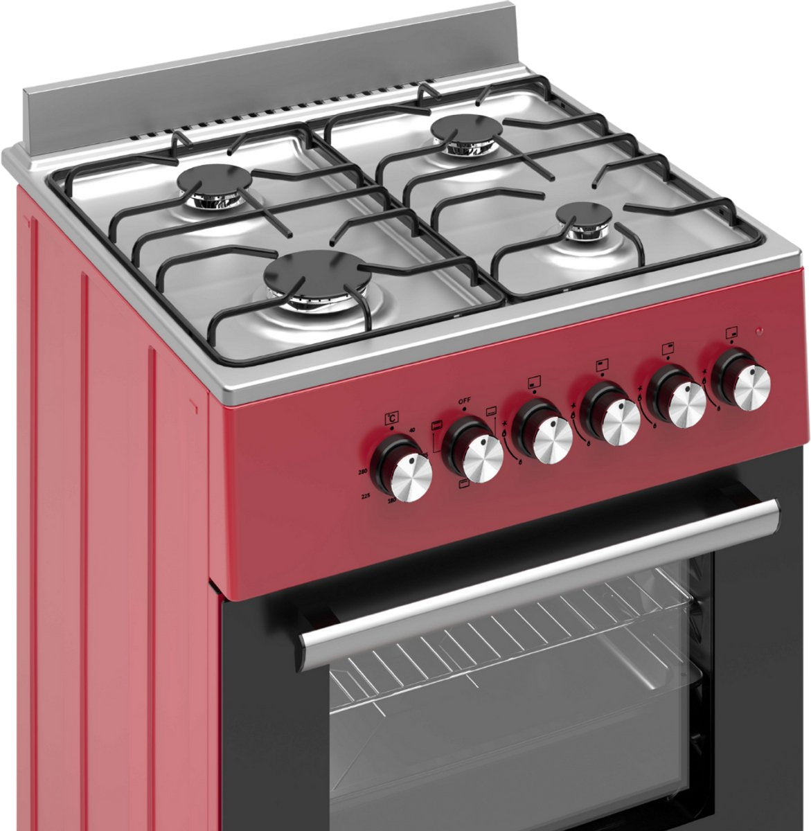 Wiggo WO‑E603R(RX) – Vrijstaand gasfornuis – 60 cm – 4 kookzones – 56L elektrische oven – Rood Roestvrijstaal – Elektrische vonkontsteking & vlambeveiliging – Energieklasse A
