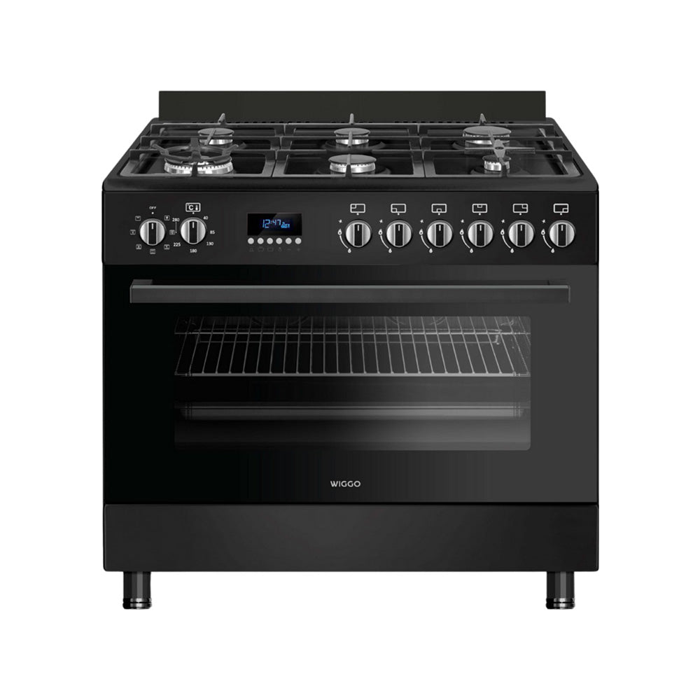 Wiggo - WO-E969R(BB) - Vrijstaand - Gasfornuis - 90 cm - 110 Liter - 6 pitten - Energieklasse B - 5 jaar garantie - Zwart