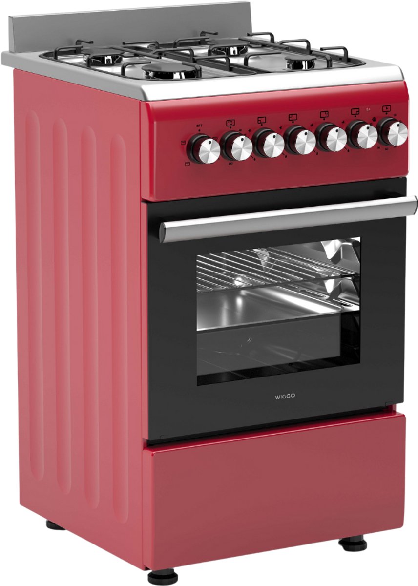 Wiggo WO‑E505R(RX) – Vrijstaand gasfornuis – 50 cm – 4 kookzones – 52L elektrische oven – Rood Roestvrijstaal – Stijlvol design & timerfunctie – 5 jaar garantie
