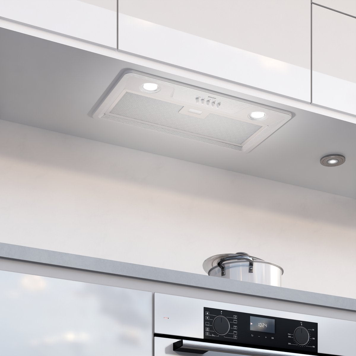 Wiggo WE-E631B(W) Inbouw Afzuigkap - 60 cm - Wit boven kookplaat in moderne keuken.