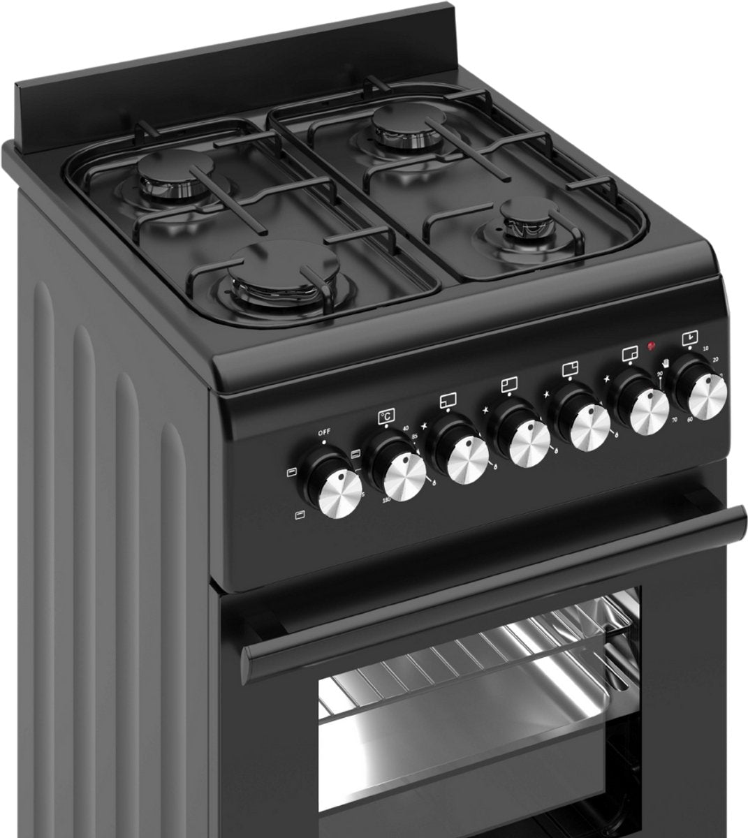 Wiggo WO‑E505R(BB)-2 Vrijstaande Gasfornuis - 50 cm - Zwart met 4 kookzones en elektrische oven.