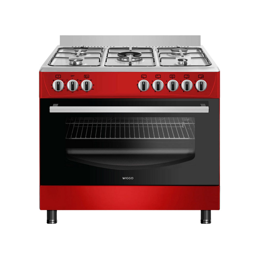 Wiggo WO-E905R(RX) - Gasfornuis - 5 Kookzones - 7 Ovenstanden - Wokbrander - Timer - 5 Jaar Garantie - Rood Rvs