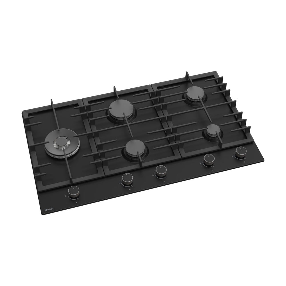 Wiggo WH-G935RR(B) - Inbouw Gaskookplaat - Wok brander - 90 cm - 5 Kookzones - Gietijzeren pannendragers - 5 jaar garantie - Zwart Geëmailleerd