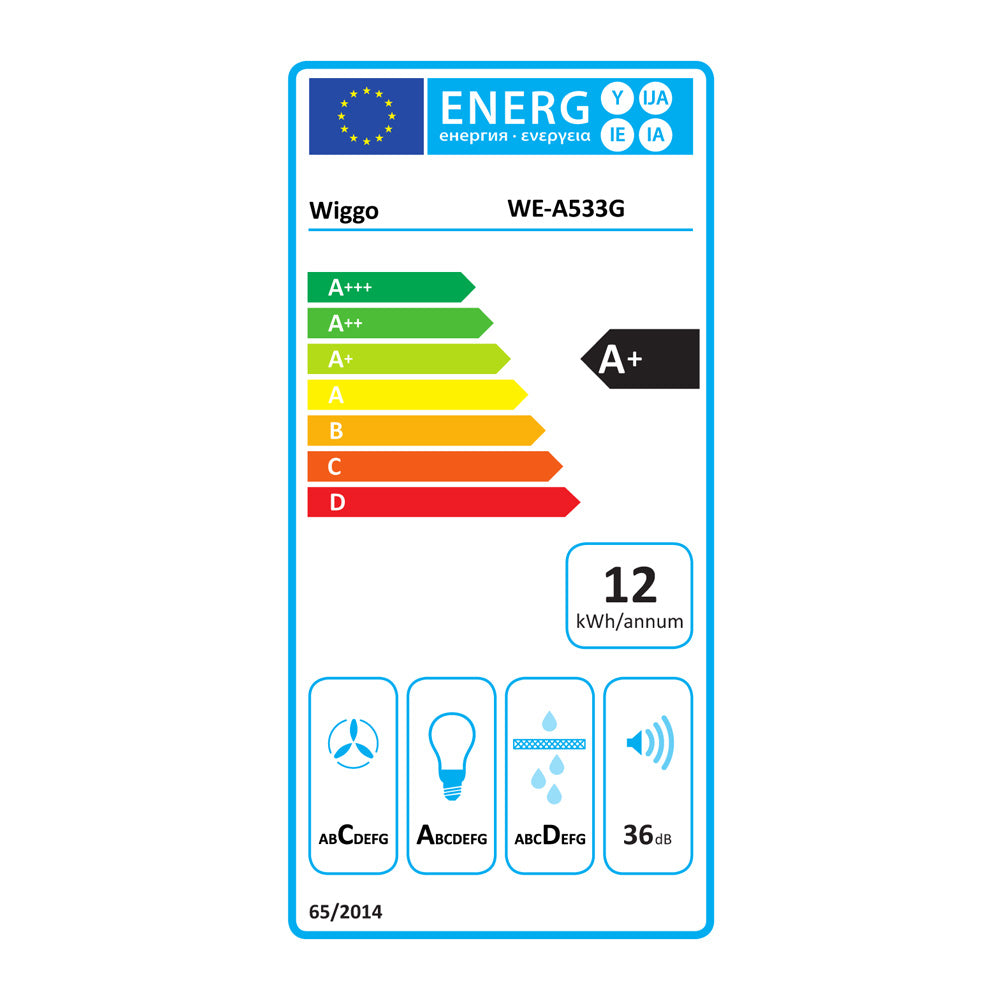 Wiggo WE-A533G(B) Schuine Afzuigkap - 50 cm - Zwart Energieklasse A+ label met energieverbruik en geluidsniveau.