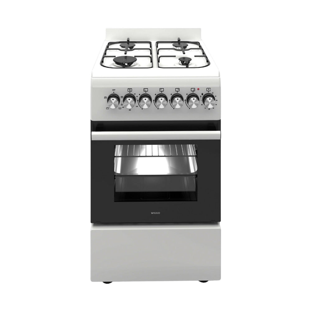 Wiggo WO‑E505R(WX) – Vrijstaand gasfornuis – 50 cm – 4 kookzones – 52L elektrische oven – Wit Roestvrijstaal – Timer & elektrische vonkontsteking – 5 jaar garantie