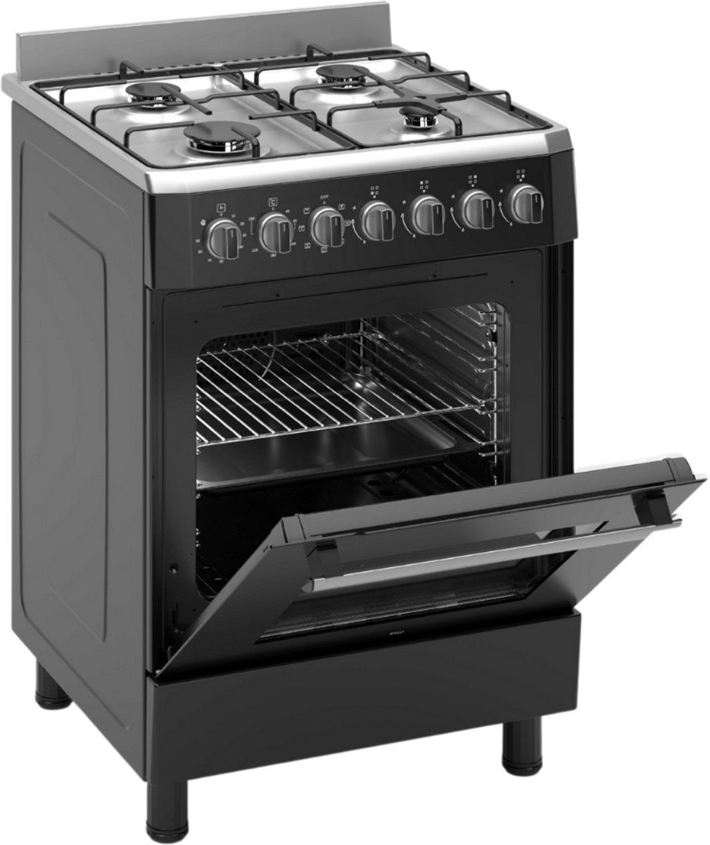 Wiggo WO-E609R(BX) – Vrijstaand gasfornuis – 60 cm – 4 kookzones – 56L elektrische oven – Zwart Roestvrijstaal – Elektrische vonkontsteking & vlambeveiliging – Energieklasse A