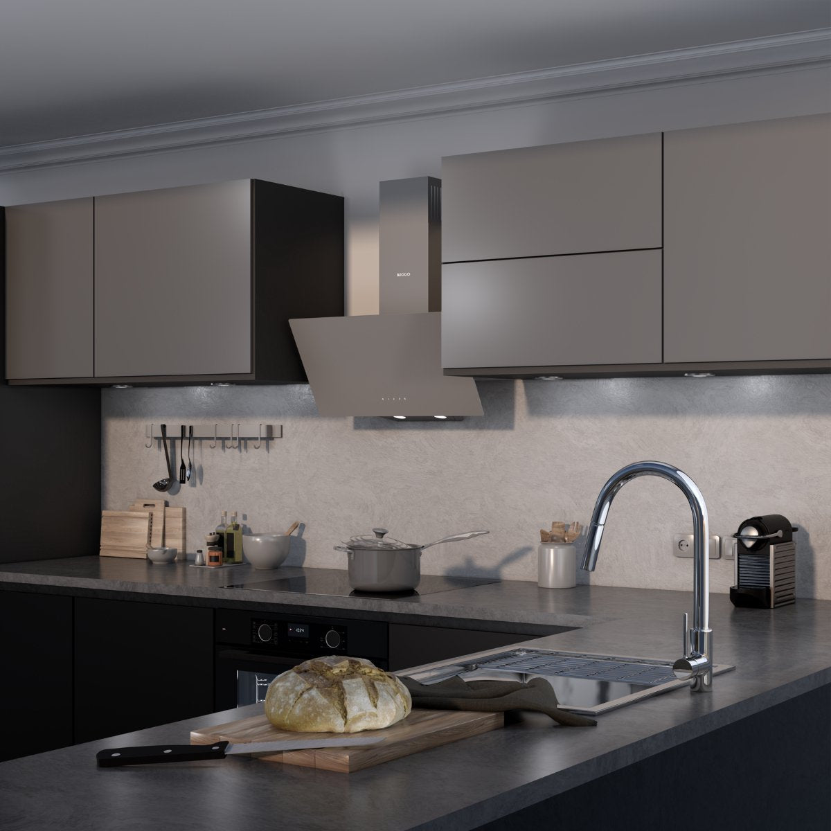 Wiggo WE-E913G(G) Schuine Afzuigkap - 90 cm - Grijs in moderne keuken met brood op aanrecht.