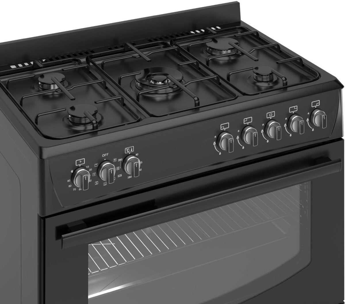 Wiggo WO‑E905R(BB)-2 Vrijstaande Gasfornuis - 90 cm - Zwart met 5 kookzones en elektrische oven