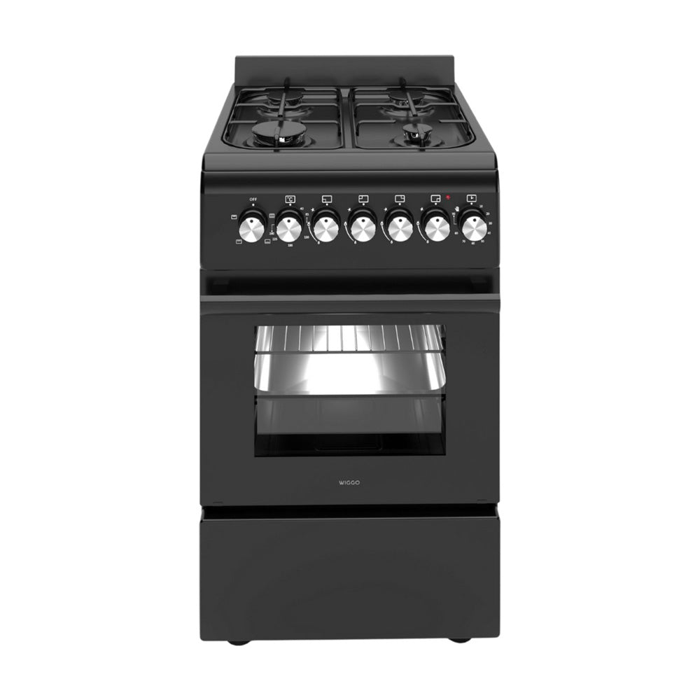 Wiggo WO‑E505R(BB) – Vrijstaand gasfornuis – 50 cm – 4 kookzones – 52L elektrische oven – Zwart – Timer & elektrische vonkontsteking – 5 jaar garantie