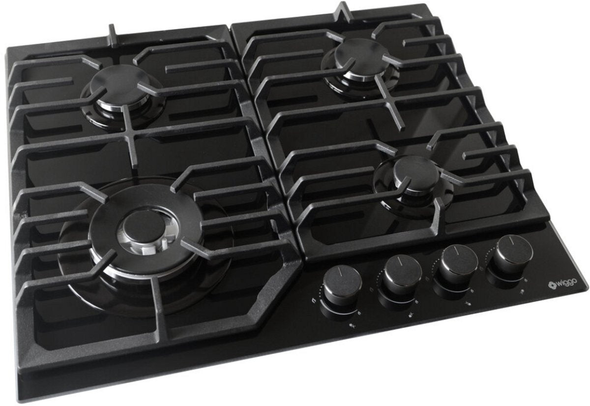 Wiggo WH-G634GL(B)-2 Inbouw Gaskookplaat - 60 cm - Zwart met vier gaspitten en elektronische vonkontsteking.
