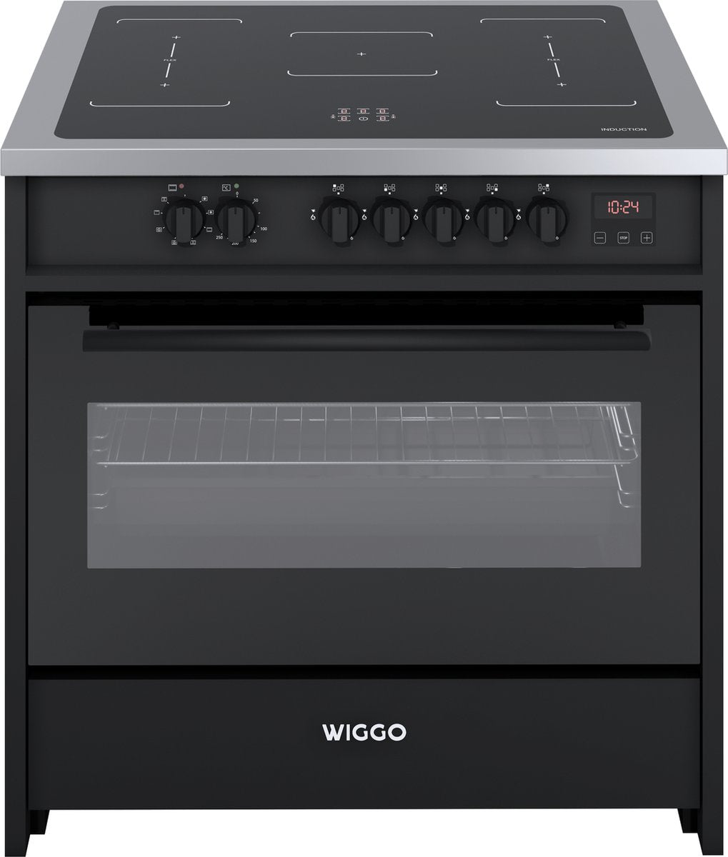 Wiggo WIO-E921A(BX) – Inductie Fornuis – 90 cm – 2 fasen (7.6 kW) – Oven 121L – 50-250°C – Metaal – Zwart Inox