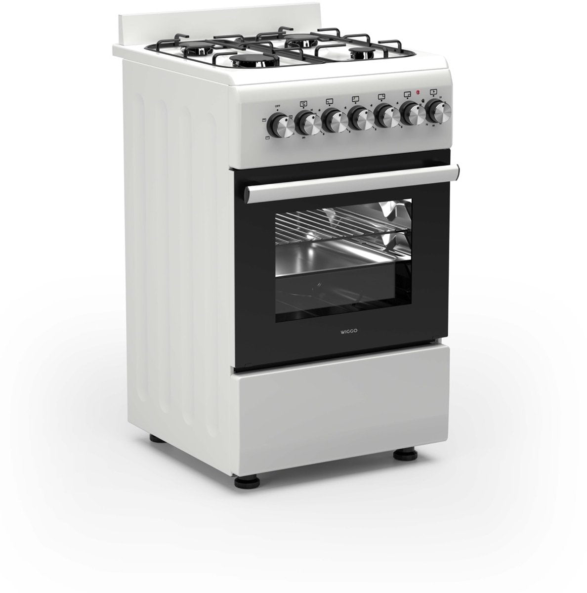 Wiggo WO‑E505R(WW)-2 Vrijstaande Gasfornuis - 50 cm - Wit met 4 kookzones en een elektrische oven.